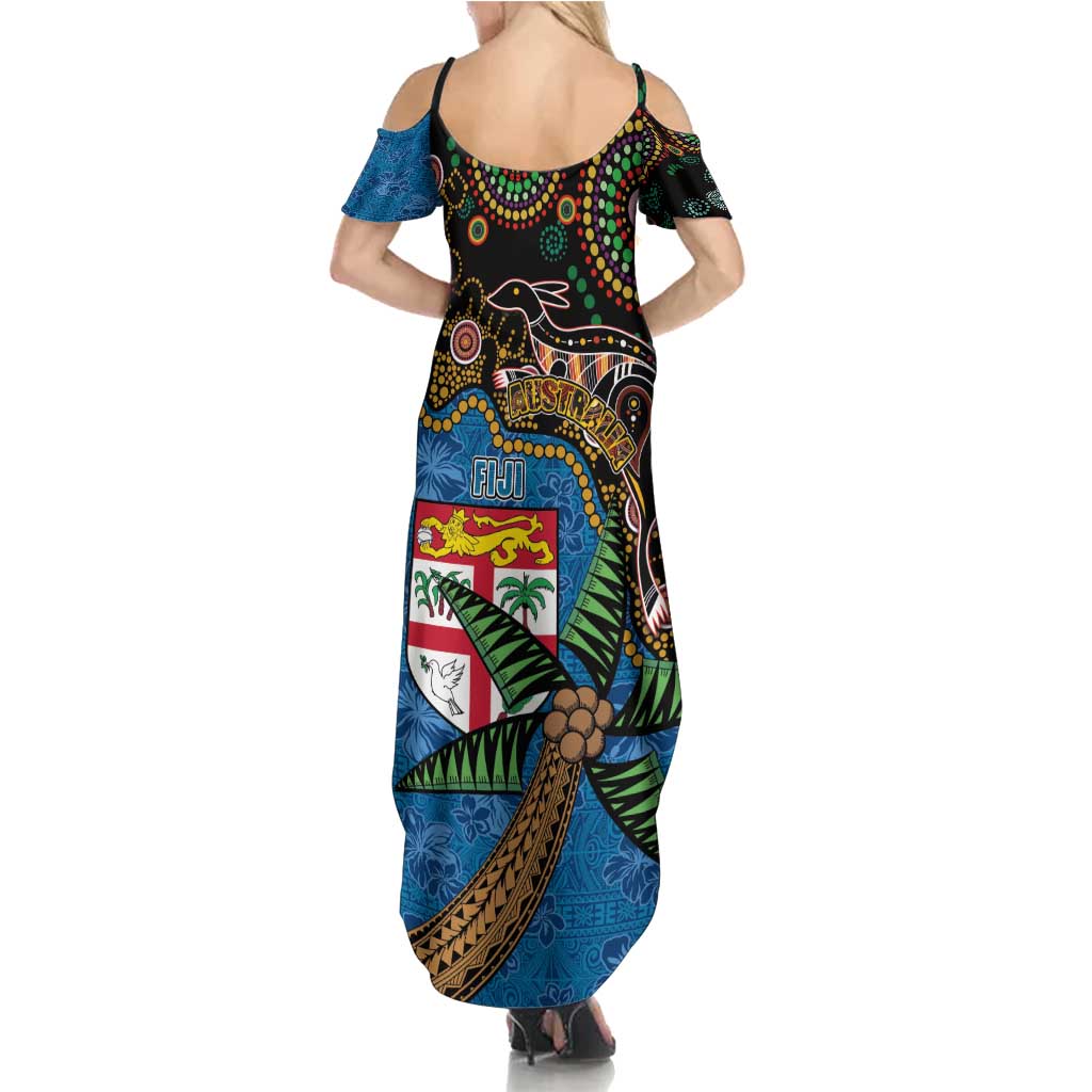 Fijian and Australian Culture Together Family Matching Summer Maxi Dress and Hawaiian Shirt Aboriginal Art and Tapa Motifs with Kangaroo and Palm Tree LT03 - Polynesian Pride