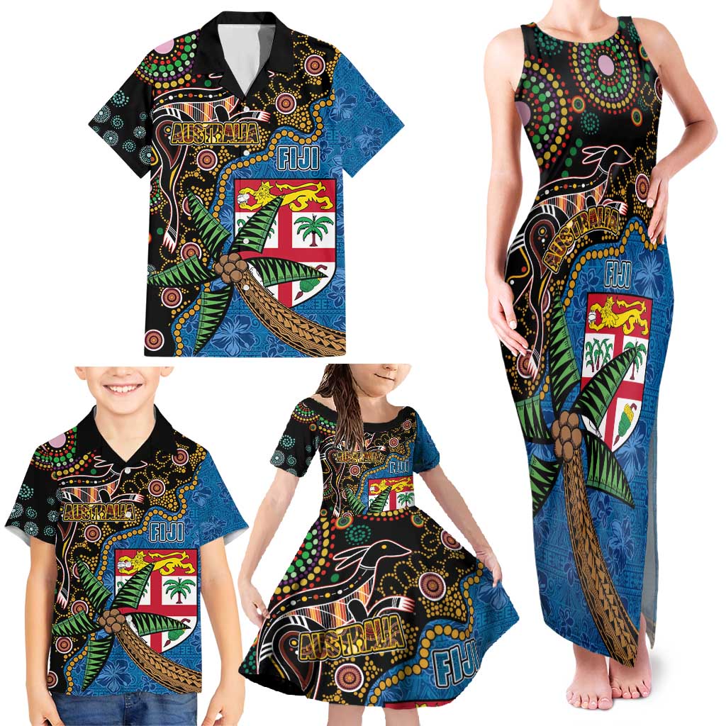 Fijian and Australian Culture Together Family Matching Tank Maxi Dress and Hawaiian Shirt Aboriginal Art and Tapa Motifs with Kangaroo and Palm Tree LT03 - Polynesian Pride
