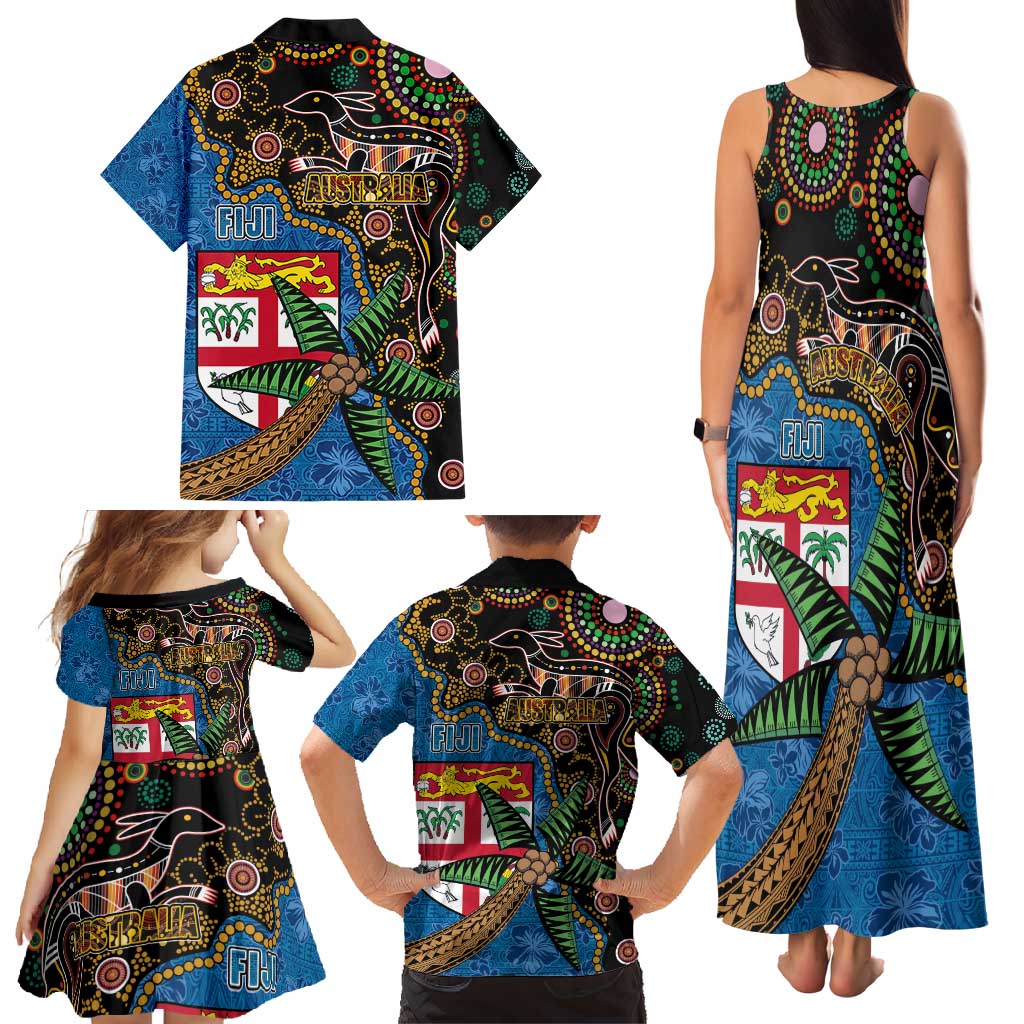 Fijian and Australian Culture Together Family Matching Tank Maxi Dress and Hawaiian Shirt Aboriginal Art and Tapa Motifs with Kangaroo and Palm Tree LT03 - Polynesian Pride