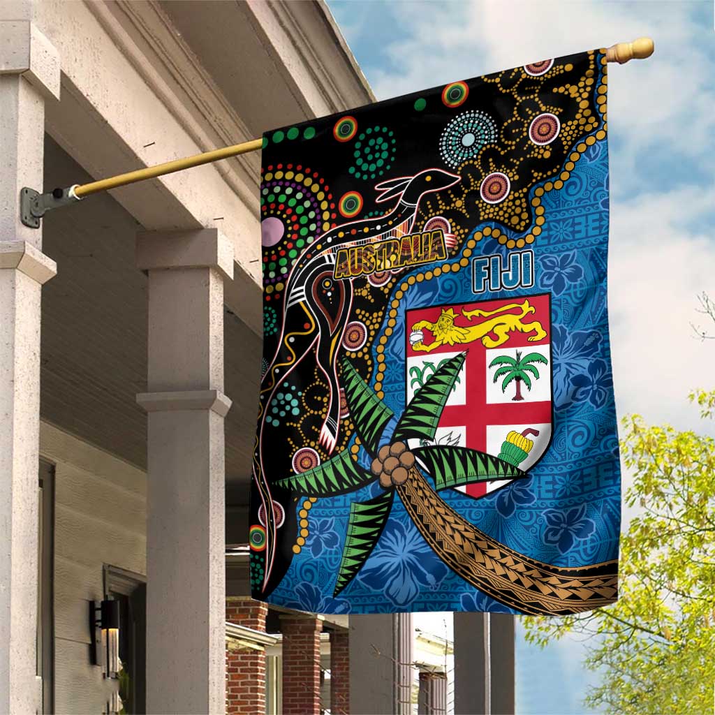 Fijian and Australian Culture Together Garden Flag Aboriginal Art and Tapa Motifs with Kangaroo and Palm Tree - Polynesian Pride