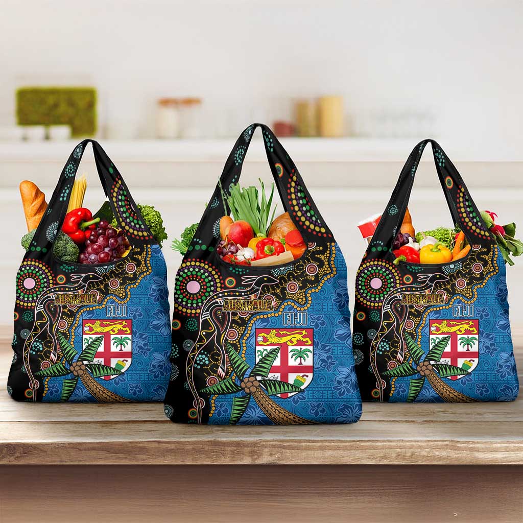 Fijian and Australian Culture Together Grocery Bag Aboriginal Art and Tapa Motifs with Kangaroo and Palm Tree - Polynesian Pride