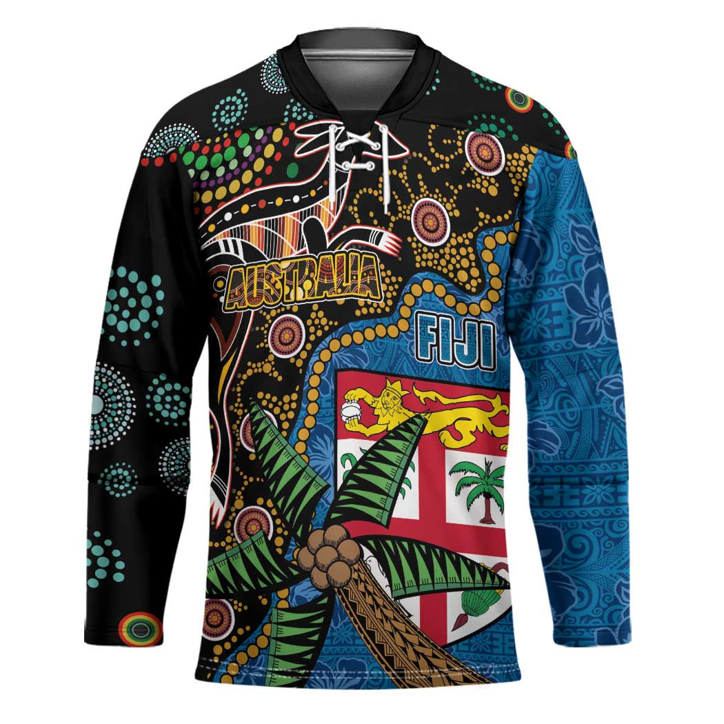 Fijian and Australian Culture Together Hockey Jersey Aboriginal Art and Tapa Motifs with Kangaroo and Palm Tree - Polynesian Pride