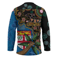 Fijian and Australian Culture Together Hockey Jersey Aboriginal Art and Tapa Motifs with Kangaroo and Palm Tree - Polynesian Pride