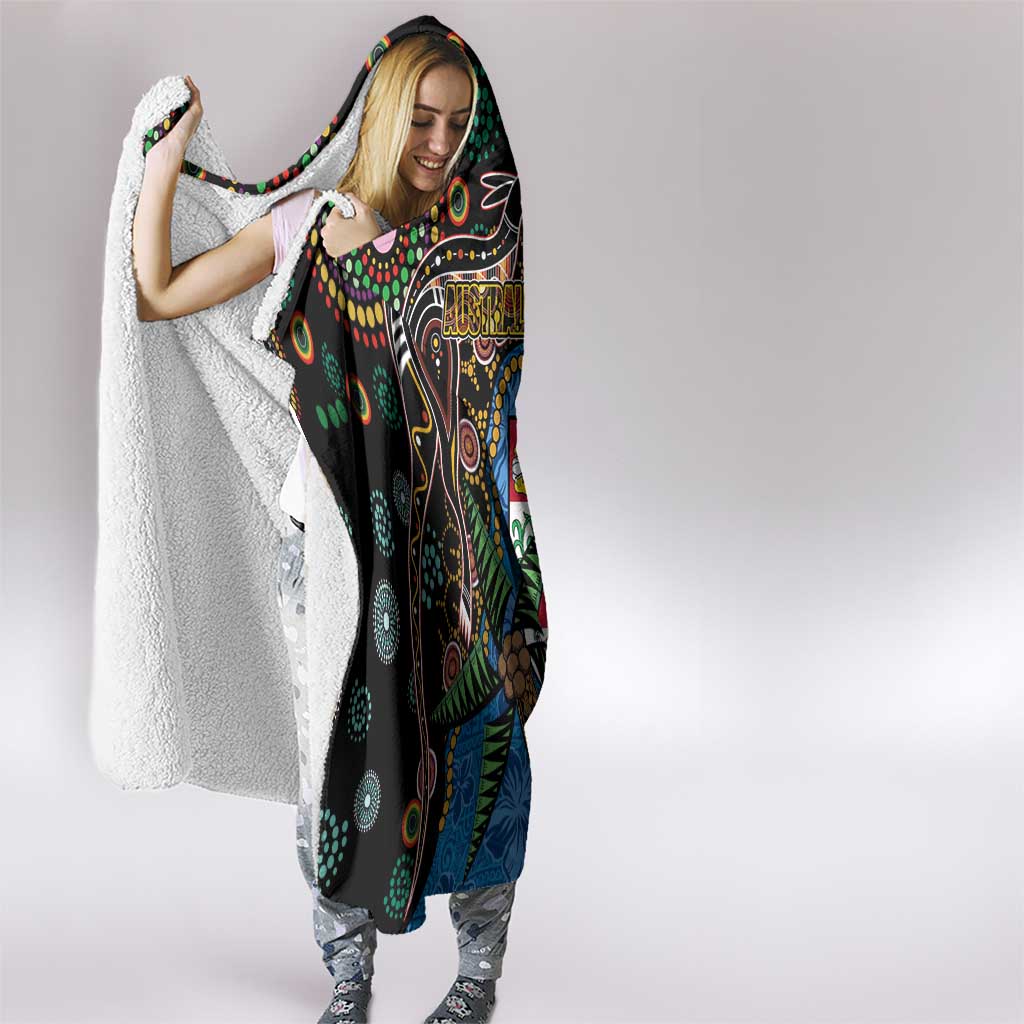 Fijian and Australian Culture Together Hooded Blanket Aboriginal Art and Tapa Motifs with Kangaroo and Palm Tree - Polynesian Pride