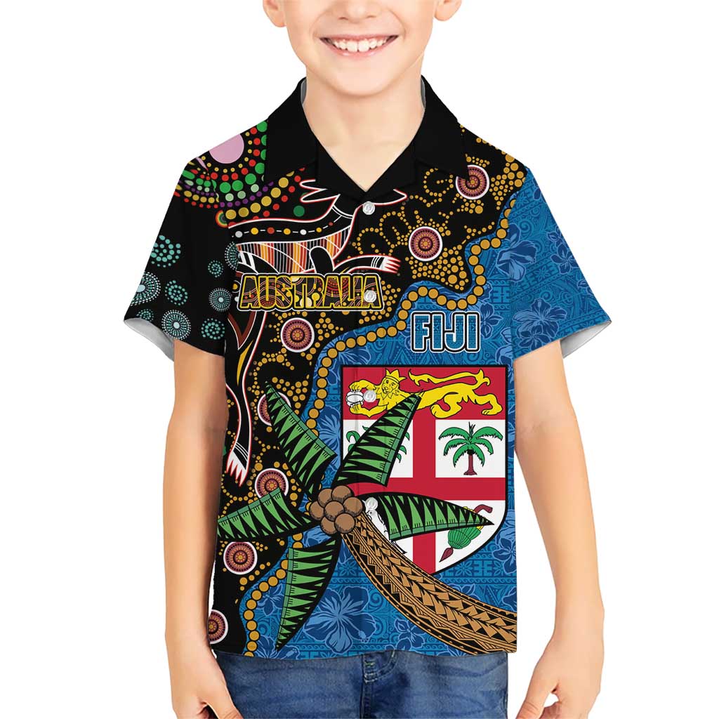 Fijian and Australian Culture Together Kid Hawaiian Shirt Aboriginal Art and Tapa Motifs with Kangaroo and Palm Tree LT03 Kid Black - Polynesian Pride