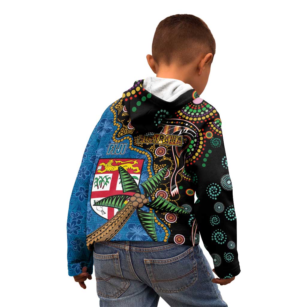 Fijian and Australian Culture Together Kid Hoodie Aboriginal Art and Tapa Motifs with Kangaroo and Palm Tree LT03 - Polynesian Pride