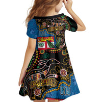 Fijian and Australian Culture Together Kid Short Sleeve Dress Aboriginal Art and Tapa Motifs with Kangaroo and Palm Tree LT03 - Polynesian Pride