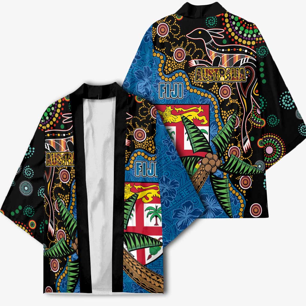 Fijian and Australian Culture Together Kimono Aboriginal Art and Tapa Motifs with Kangaroo and Palm Tree - Polynesian Pride