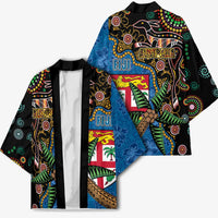 Fijian and Australian Culture Together Kimono Aboriginal Art and Tapa Motifs with Kangaroo and Palm Tree - Polynesian Pride