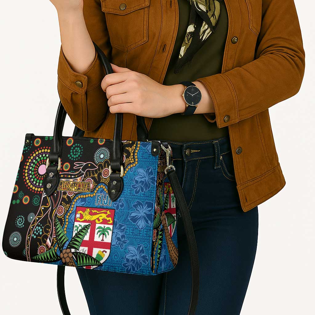 Fijian and Australian Culture Together Leather Bag Aboriginal Art and Tapa Motifs with Kangaroo and Palm Tree - Polynesian Pride