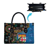 Fijian and Australian Culture Together Leather Bag Aboriginal Art and Tapa Motifs with Kangaroo and Palm Tree - Polynesian Pride