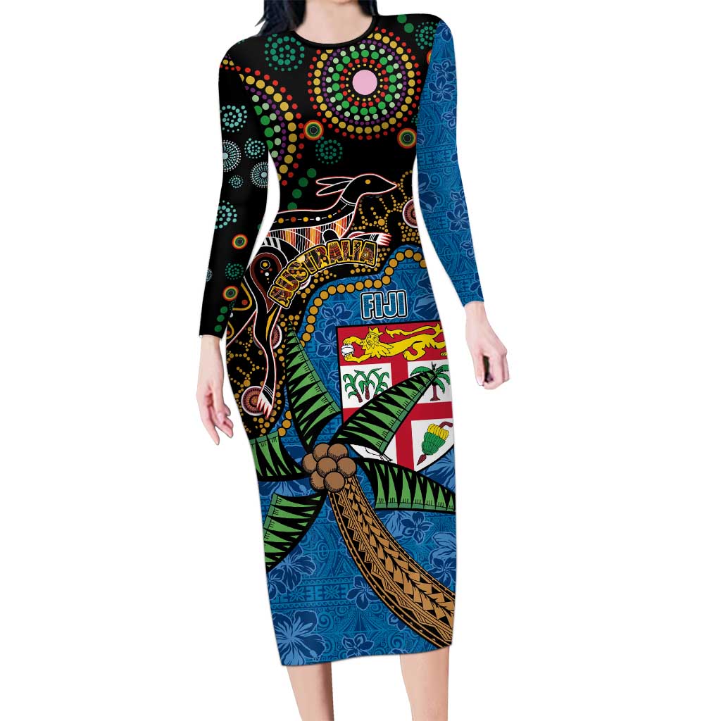 Fijian and Australian Culture Together Long Sleeve Bodycon Dress Aboriginal Art and Tapa Motifs with Kangaroo and Palm Tree LT03 Long Dress Black - Polynesian Pride