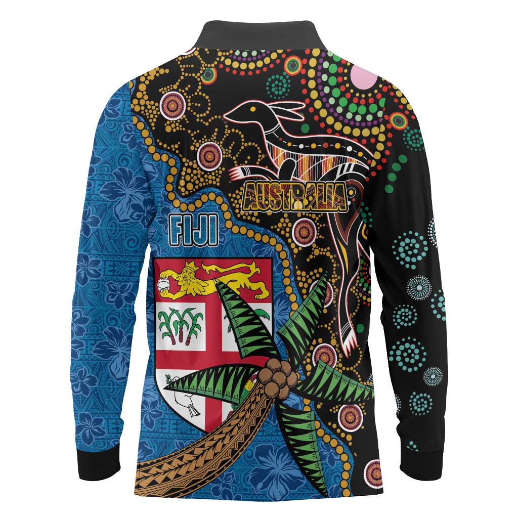 Fijian and Australian Culture Together Long Sleeve Polo Shirt Aboriginal Art and Tapa Motifs with Kangaroo and Palm Tree - Polynesian Pride