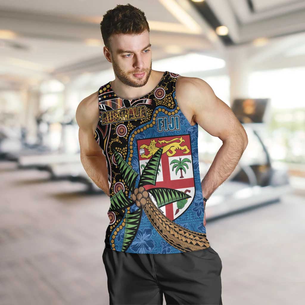 Fijian and Australian Culture Together Men Tank Top Aboriginal Art and Tapa Motifs with Kangaroo and Palm Tree - Polynesian Pride