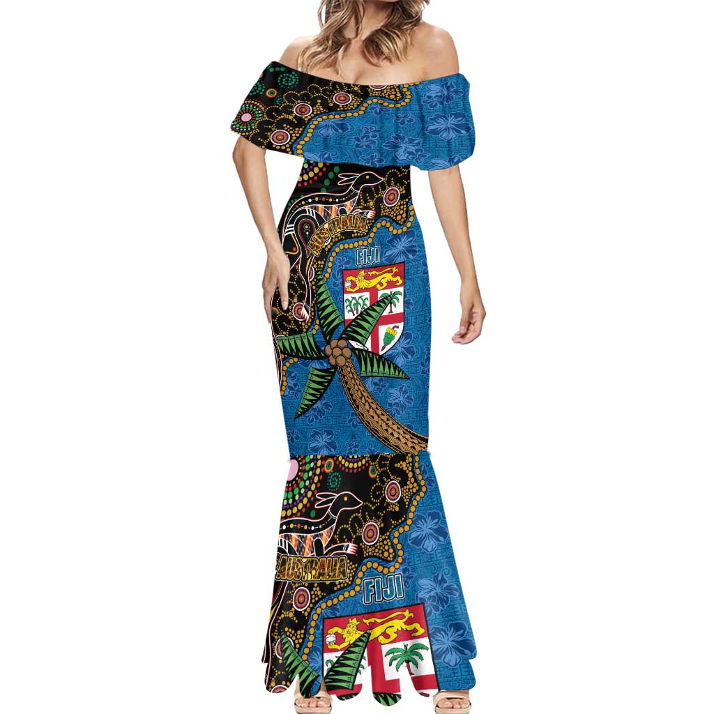 Fijian and Australian Culture Together Mermaid Dress Aboriginal Art and Tapa Motifs with Kangaroo and Palm Tree LT03 - Polynesian Pride