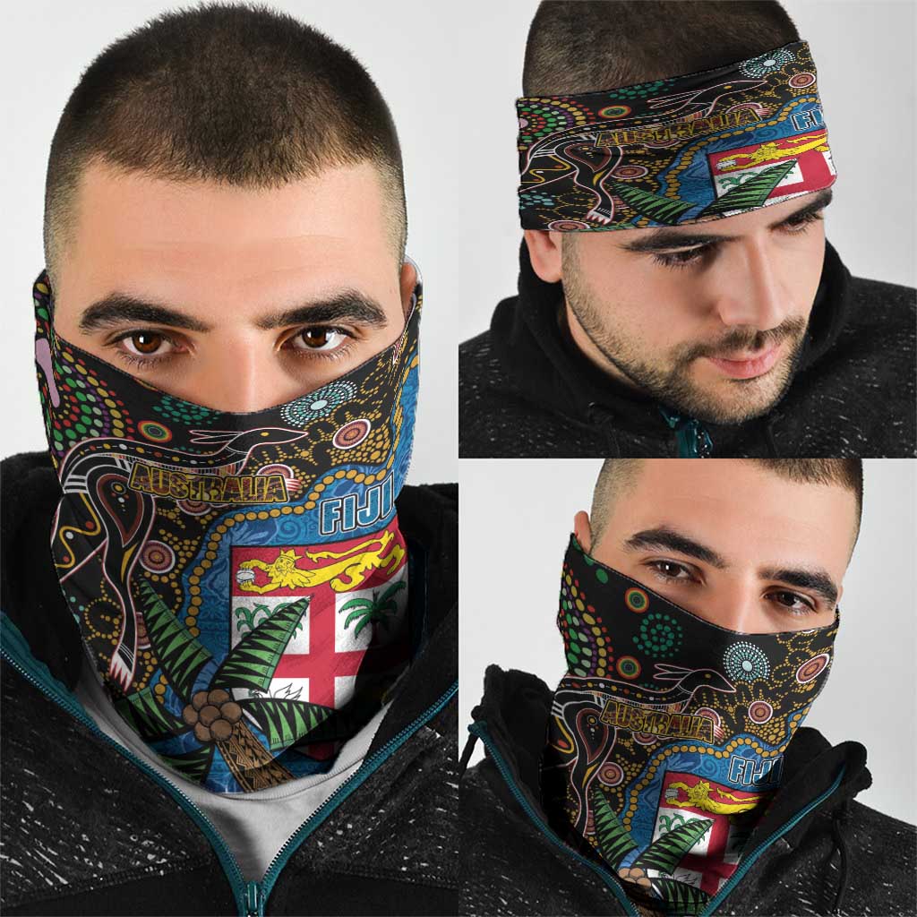 Fijian and Australian Culture Together Neck Gaiter Aboriginal Art and Tapa Motifs with Kangaroo and Palm Tree - Polynesian Pride