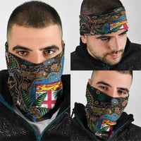 Fijian and Australian Culture Together Neck Gaiter Aboriginal Art and Tapa Motifs with Kangaroo and Palm Tree - Polynesian Pride