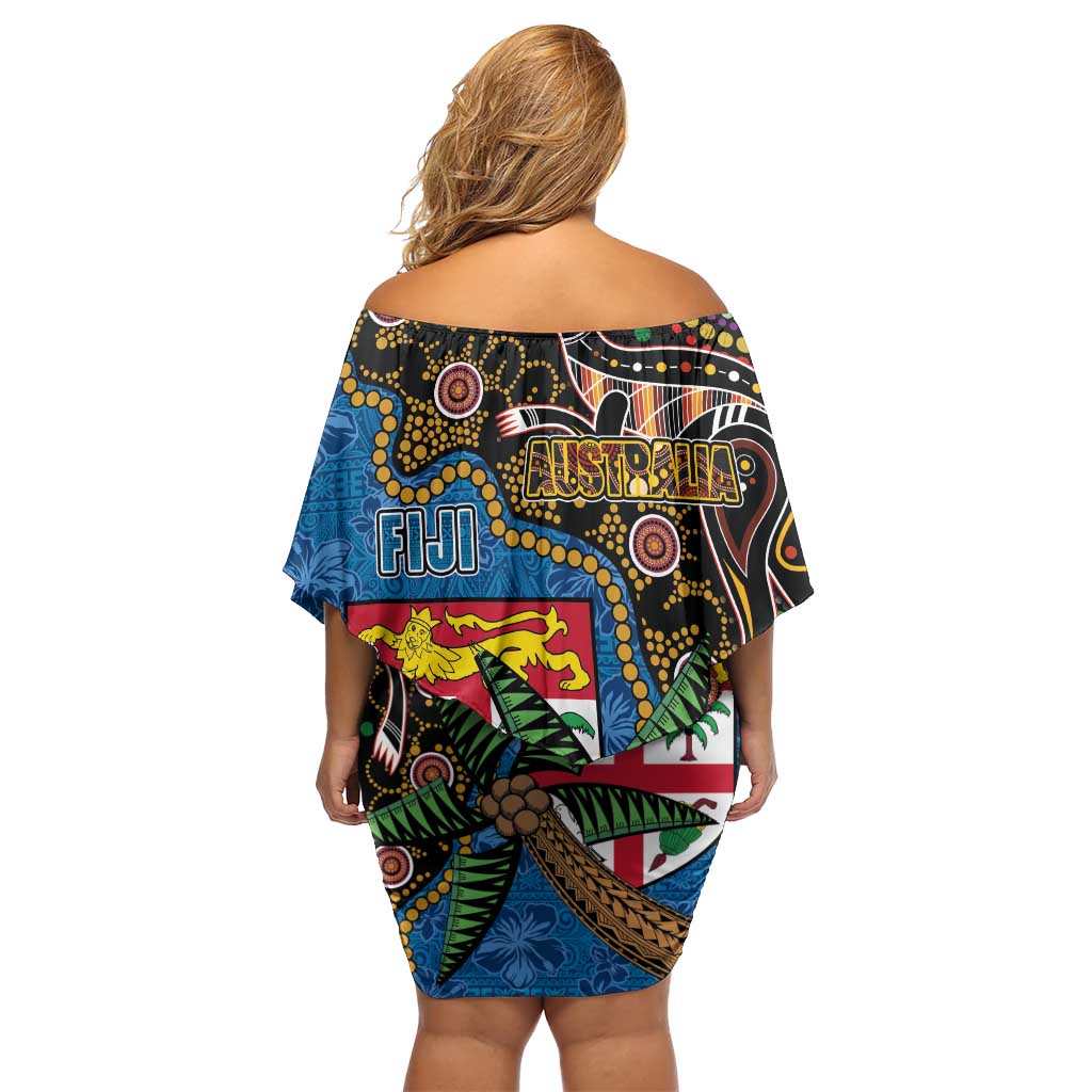 Fijian and Australian Culture Together Off Shoulder Short Dress Aboriginal Art and Tapa Motifs with Kangaroo and Palm Tree LT03 - Polynesian Pride