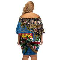 Fijian and Australian Culture Together Off Shoulder Short Dress Aboriginal Art and Tapa Motifs with Kangaroo and Palm Tree LT03 - Polynesian Pride