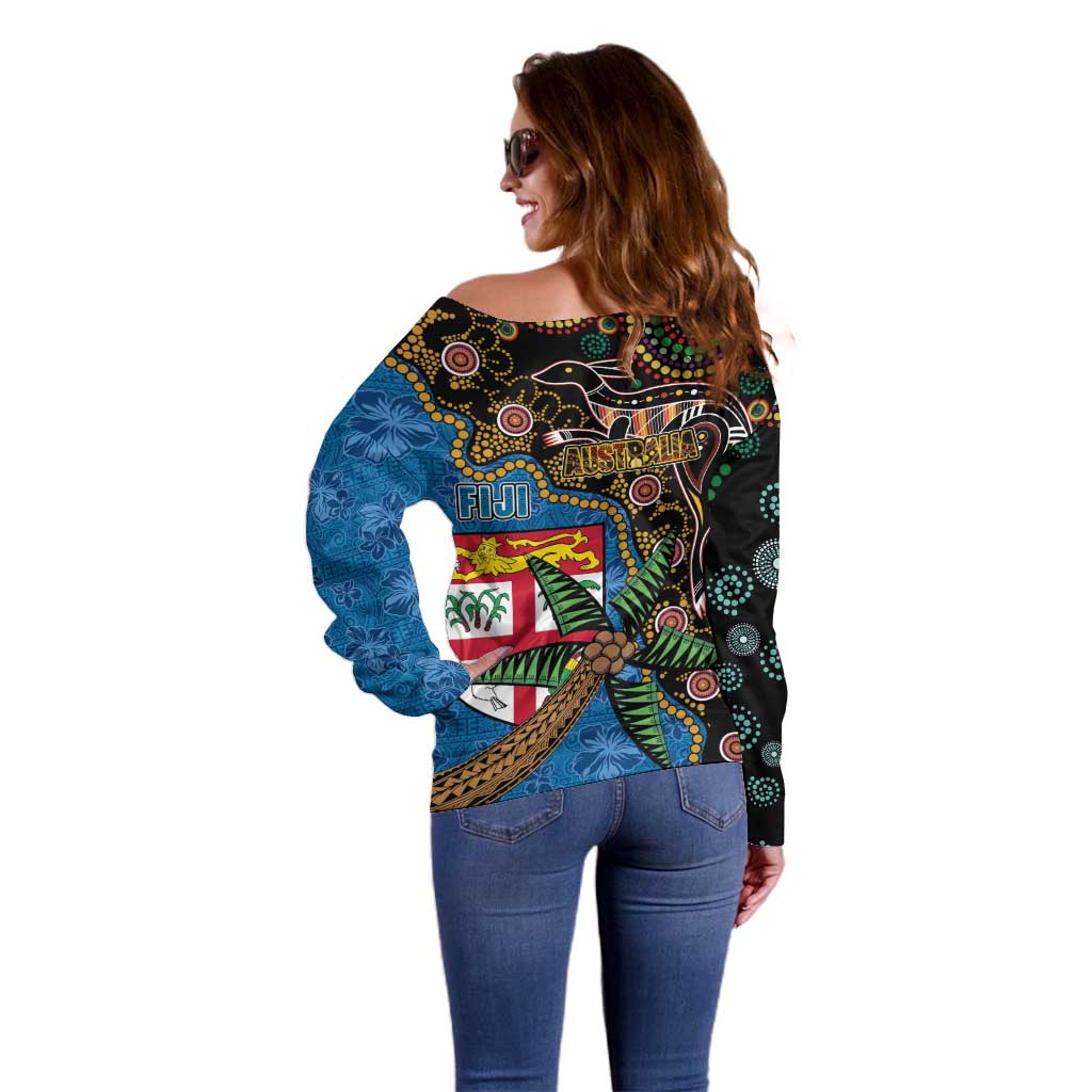 Fijian and Australian Culture Together Off Shoulder Sweater Aboriginal Art and Tapa Motifs with Kangaroo and Palm Tree - Polynesian Pride