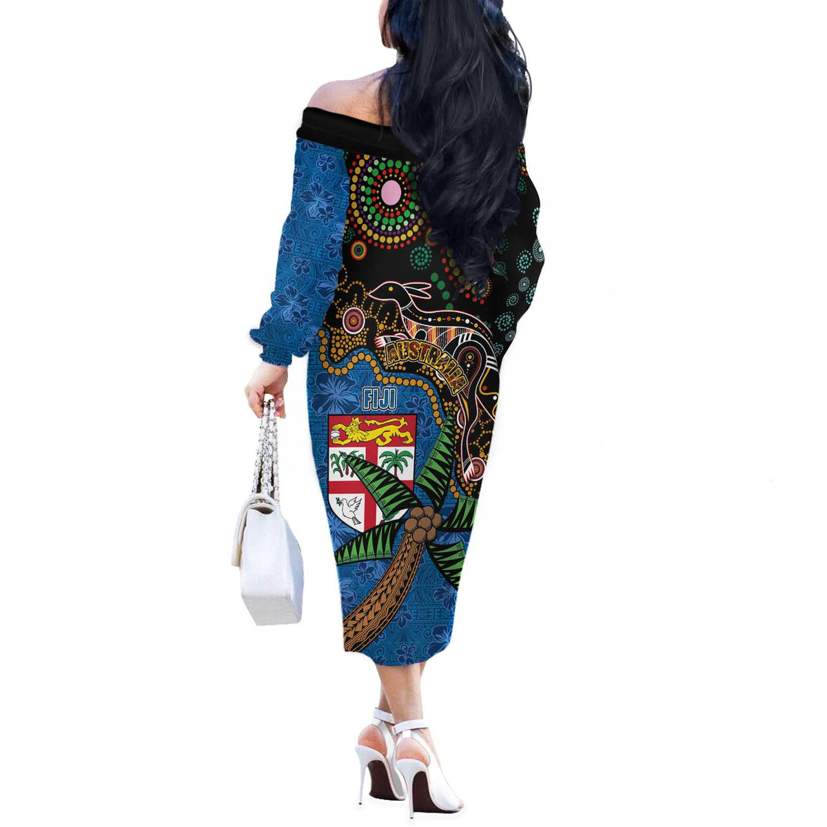 Fijian and Australian Culture Together Off The Shoulder Long Sleeve Dress Aboriginal Art and Tapa Motifs with Kangaroo and Palm Tree LT03 - Polynesian Pride