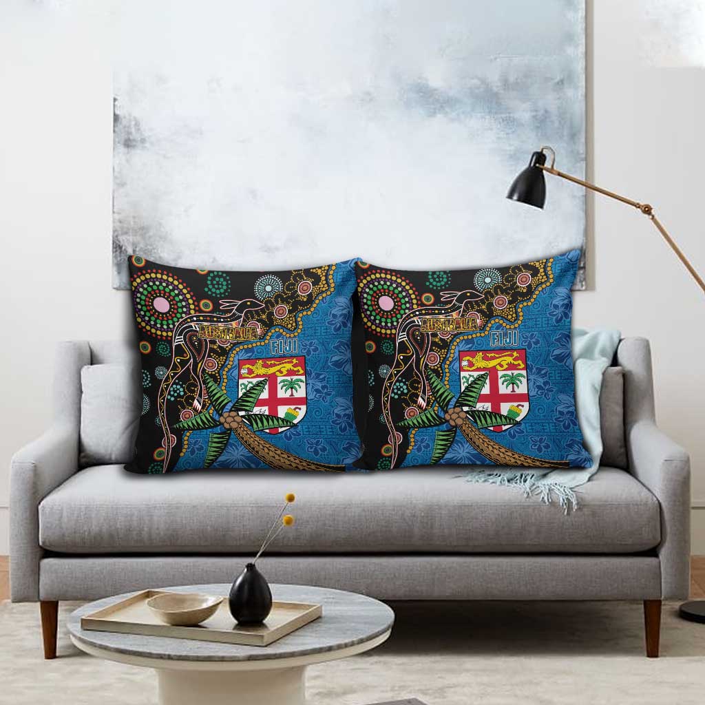 Fijian and Australian Culture Together Pillow Cover Aboriginal Art and Tapa Motifs with Kangaroo and Palm Tree - Polynesian Pride