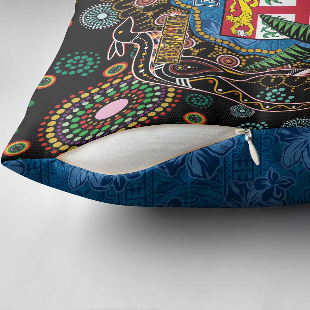 Fijian and Australian Culture Together Pillow Cover Aboriginal Art and Tapa Motifs with Kangaroo and Palm Tree - Polynesian Pride