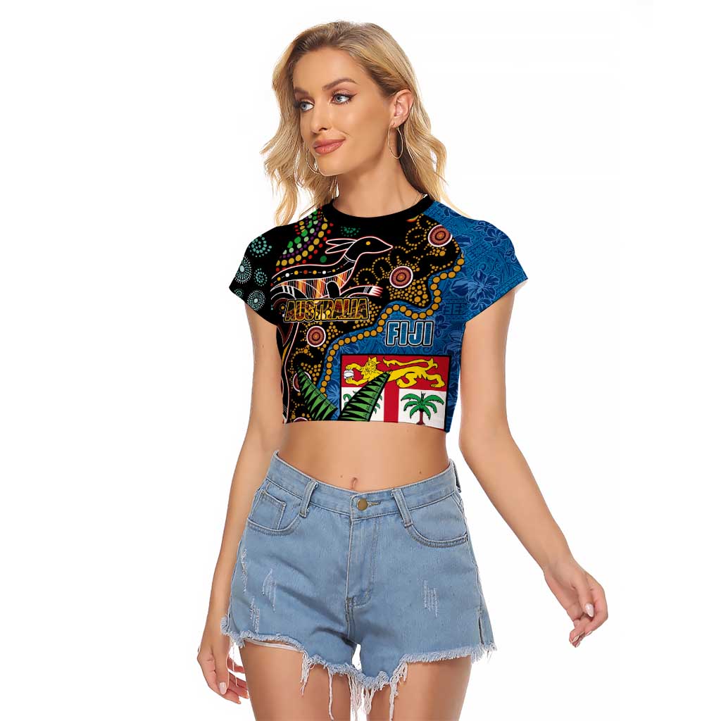 Fijian and Australian Culture Together Raglan Cropped T Shirt Aboriginal Art and Tapa Motifs with Kangaroo and Palm Tree - Polynesian Pride