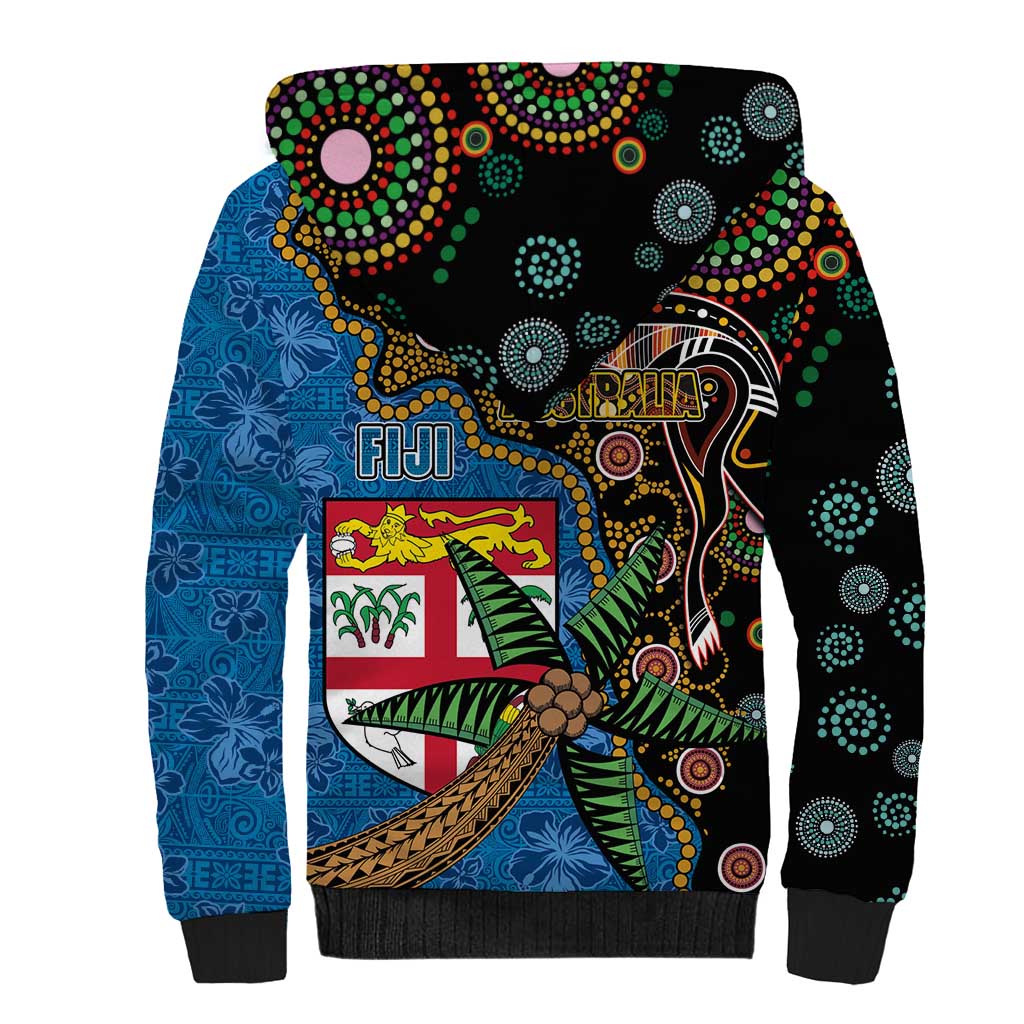 Fijian and Australian Culture Together Sherpa Hoodie Aboriginal Art and Tapa Motifs with Kangaroo and Palm Tree LT03 - Polynesian Pride