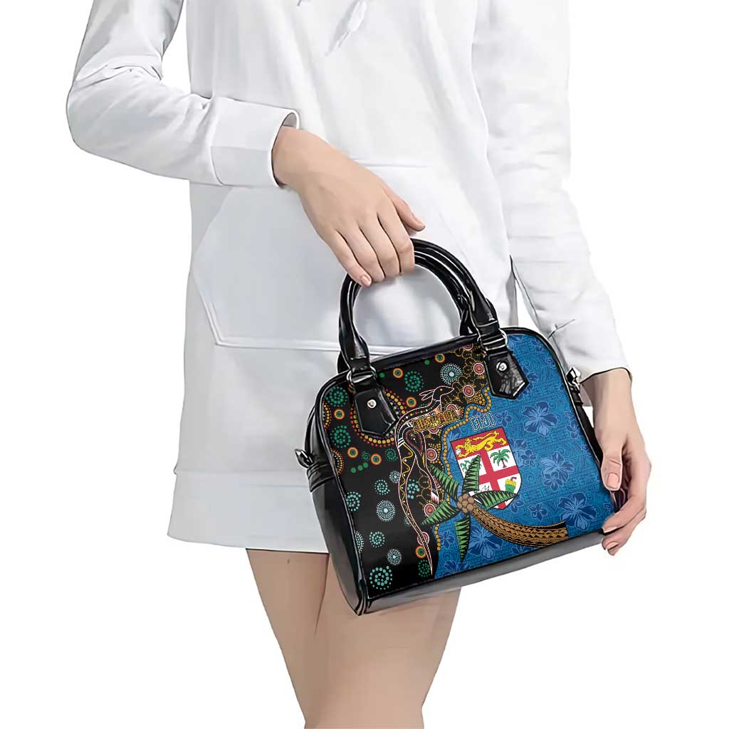 Fijian and Australian Culture Together Shoulder Handbag Aboriginal Art and Tapa Motifs with Kangaroo and Palm Tree - Polynesian Pride