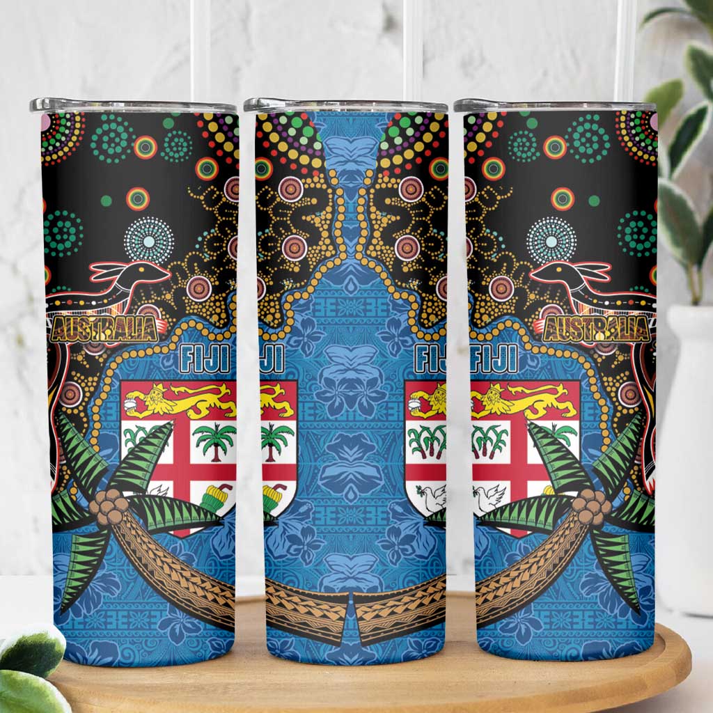 Fijian and Australian Culture Together Skinny Tumbler Aboriginal Art and Tapa Motifs with Kangaroo and Palm Tree LT03 - Polynesian Pride