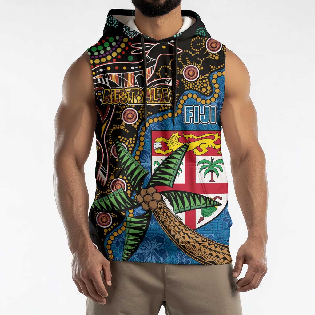 Fijian and Australian Culture Together Sleeveless Hoodie Aboriginal Art and Tapa Motifs with Kangaroo and Palm Tree LT03 - Polynesian Pride