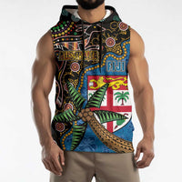Fijian and Australian Culture Together Sleeveless Hoodie Aboriginal Art and Tapa Motifs with Kangaroo and Palm Tree LT03 - Polynesian Pride