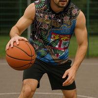 Fijian and Australian Culture Together Sleeveless Hoodie Aboriginal Art and Tapa Motifs with Kangaroo and Palm Tree LT03 - Polynesian Pride