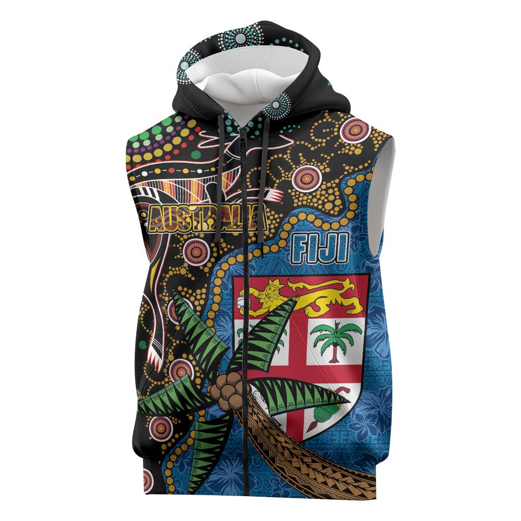 Fijian and Australian Culture Together Sleeveless Zip Hoodie Aboriginal Art and Tapa Motifs with Kangaroo and Palm Tree LT03 Black - Polynesian Pride