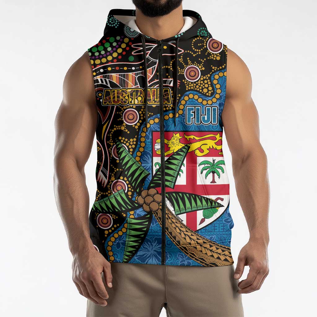 Fijian and Australian Culture Together Sleeveless Zip Hoodie Aboriginal Art and Tapa Motifs with Kangaroo and Palm Tree LT03 - Polynesian Pride