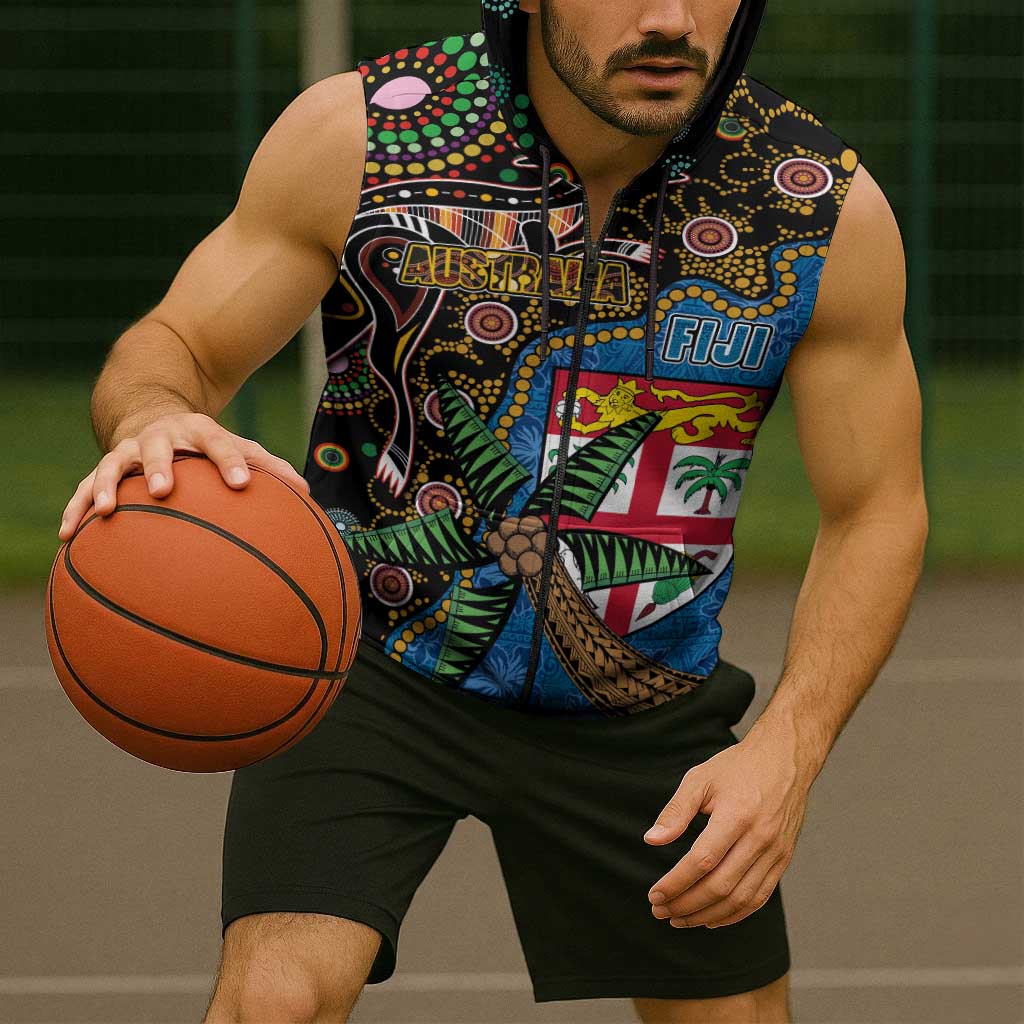 Fijian and Australian Culture Together Sleeveless Zip Hoodie Aboriginal Art and Tapa Motifs with Kangaroo and Palm Tree LT03 - Polynesian Pride