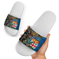 Fijian and Australian Culture Together Slide Sandals Aboriginal Art and Tapa Motifs with Kangaroo and Palm Tree - Polynesian Pride