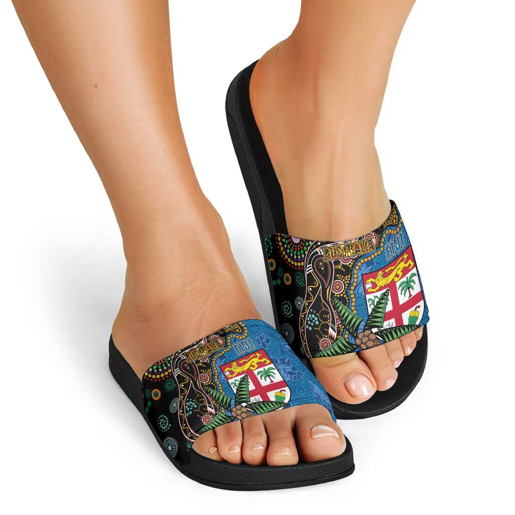 Fijian and Australian Culture Together Slide Sandals Aboriginal Art and Tapa Motifs with Kangaroo and Palm Tree - Polynesian Pride