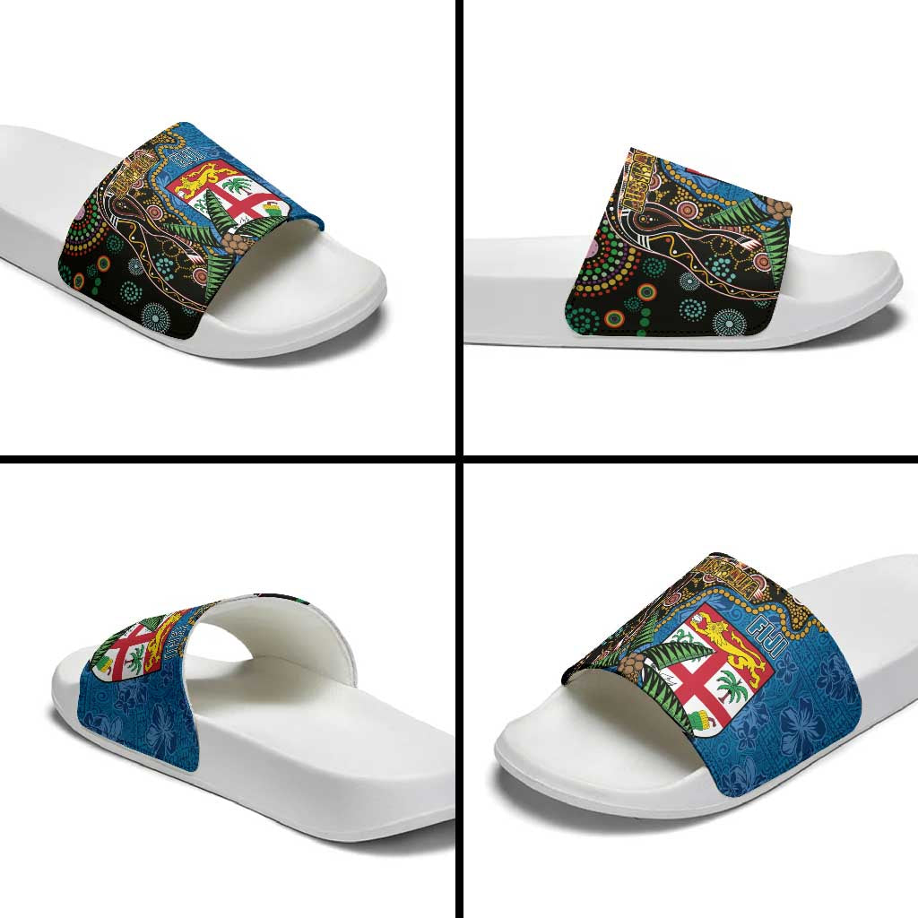Fijian and Australian Culture Together Slide Sandals Aboriginal Art and Tapa Motifs with Kangaroo and Palm Tree - Polynesian Pride