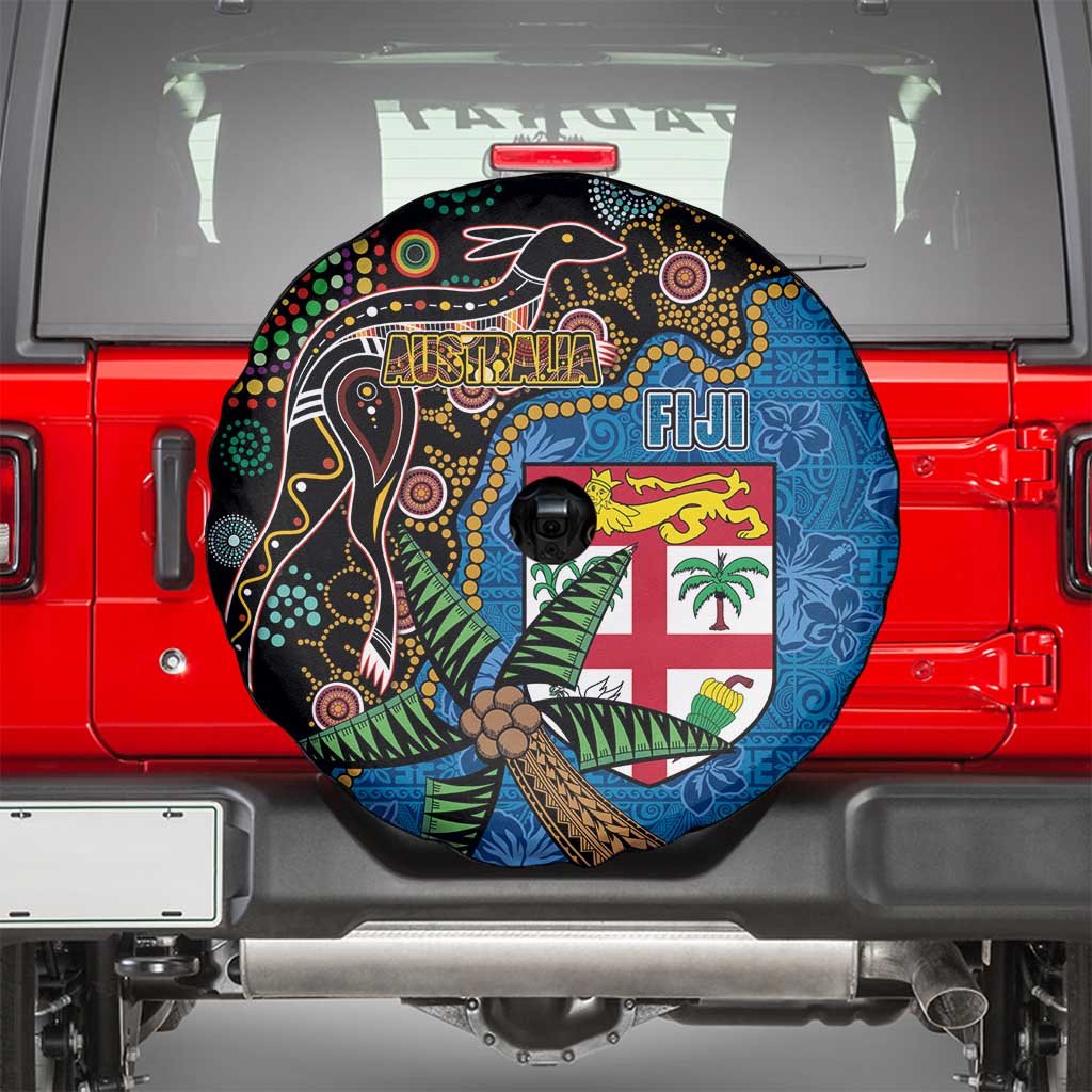 Fijian and Australian Culture Together Spare Tire Cover Aboriginal Art and Tapa Motifs with Kangaroo and Palm Tree LT03 - Polynesian Pride