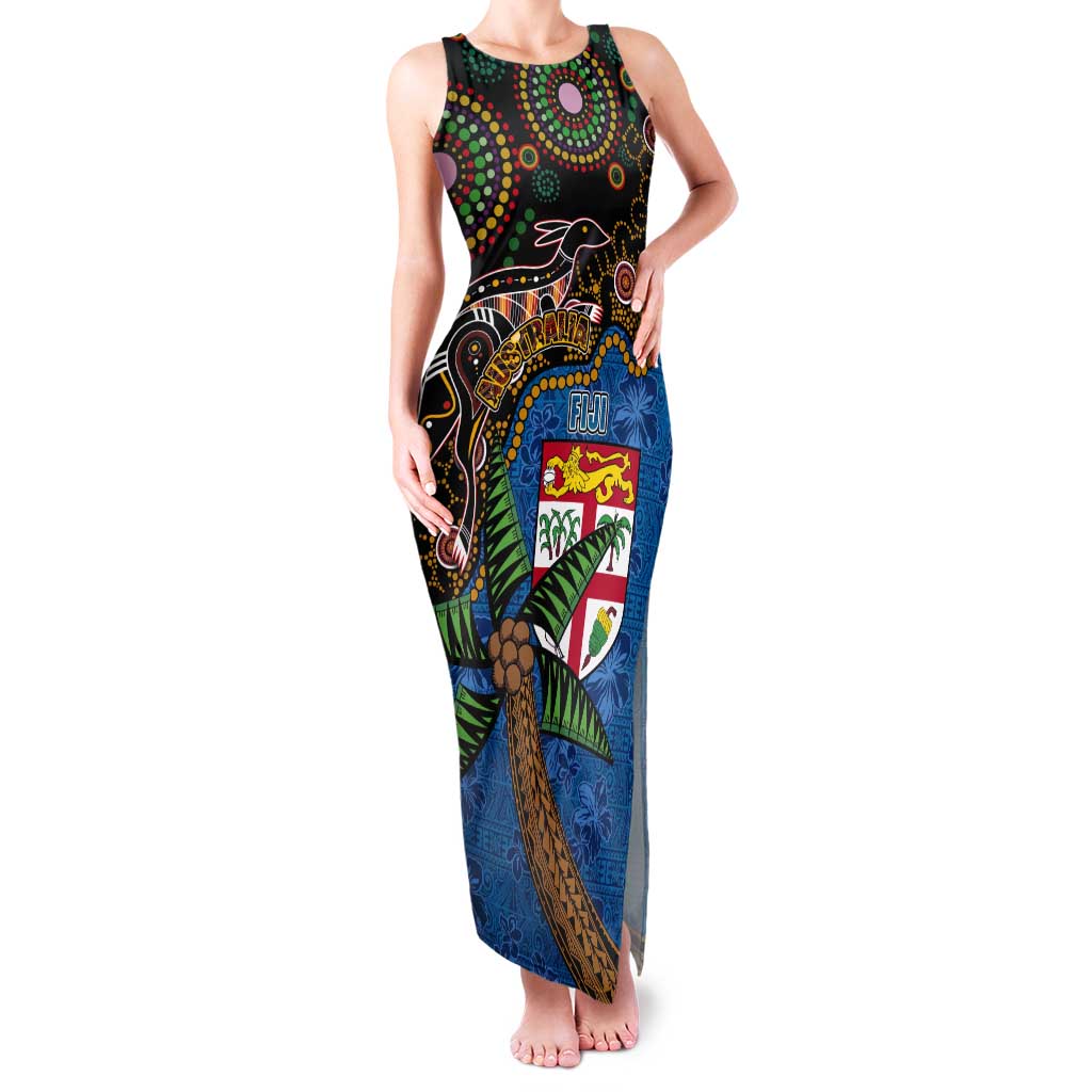 Fijian and Australian Culture Together Tank Maxi Dress Aboriginal Art and Tapa Motifs with Kangaroo and Palm Tree LT03 Women Black - Polynesian Pride
