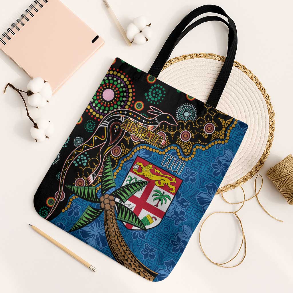 Fijian and Australian Culture Together Tote Bag Aboriginal Art and Tapa Motifs with Kangaroo and Palm Tree - Polynesian Pride