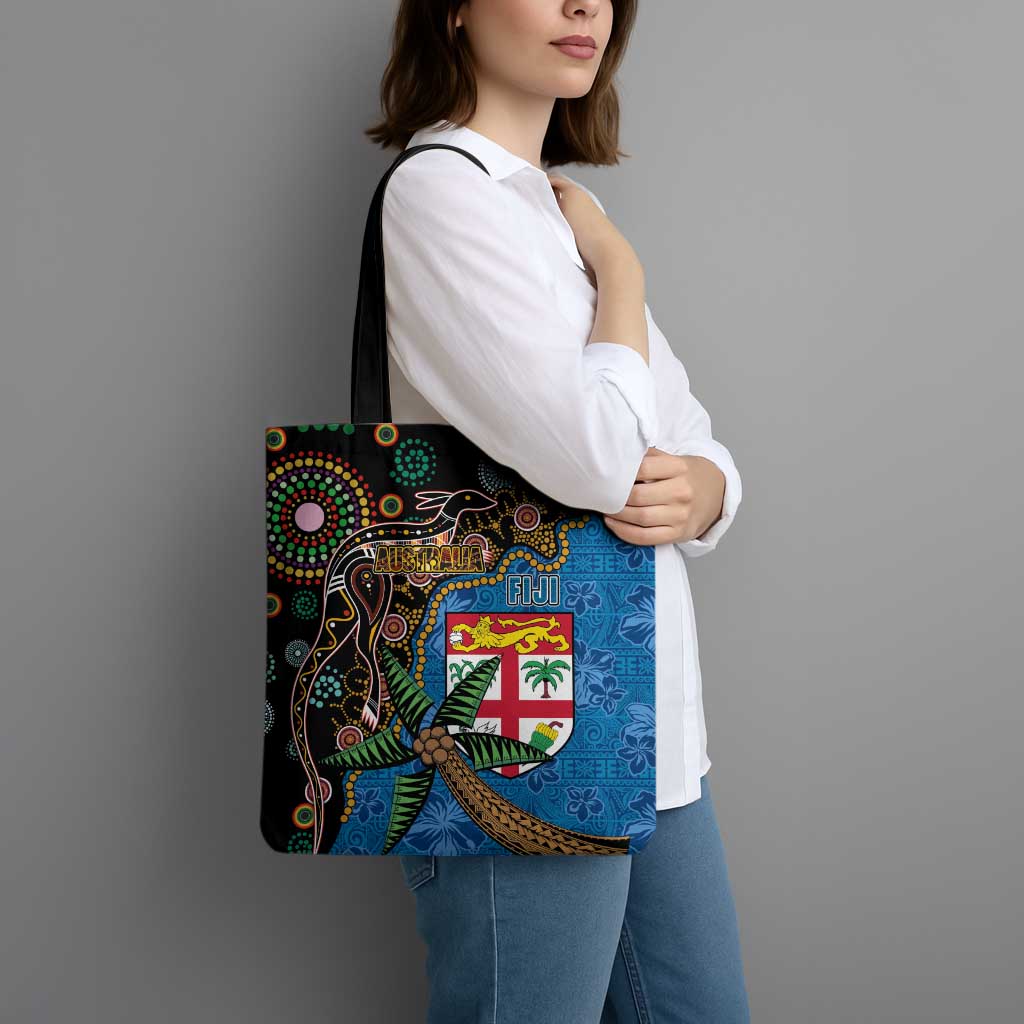 Fijian and Australian Culture Together Tote Bag Aboriginal Art and Tapa Motifs with Kangaroo and Palm Tree - Polynesian Pride