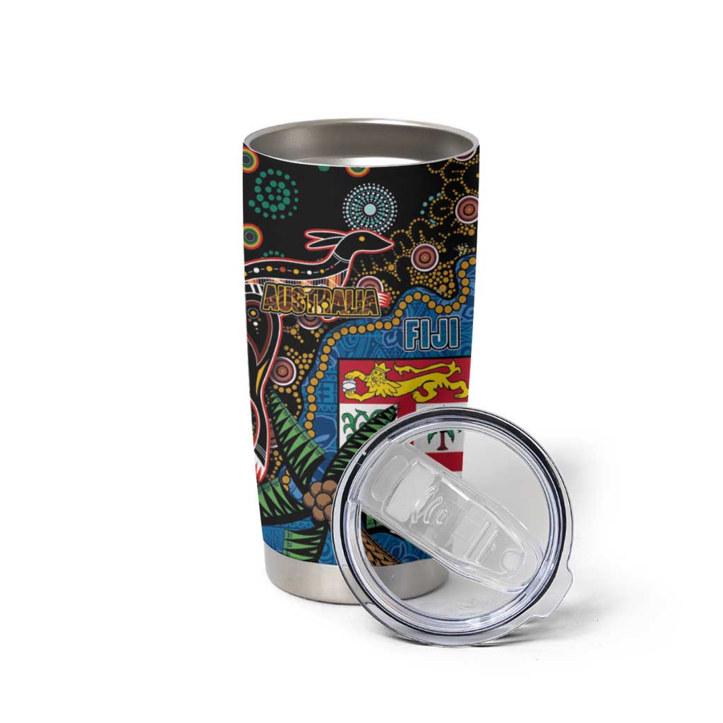 Fijian and Australian Culture Together Tumbler Cup Aboriginal Art and Tapa Motifs with Kangaroo and Palm Tree - Polynesian Pride