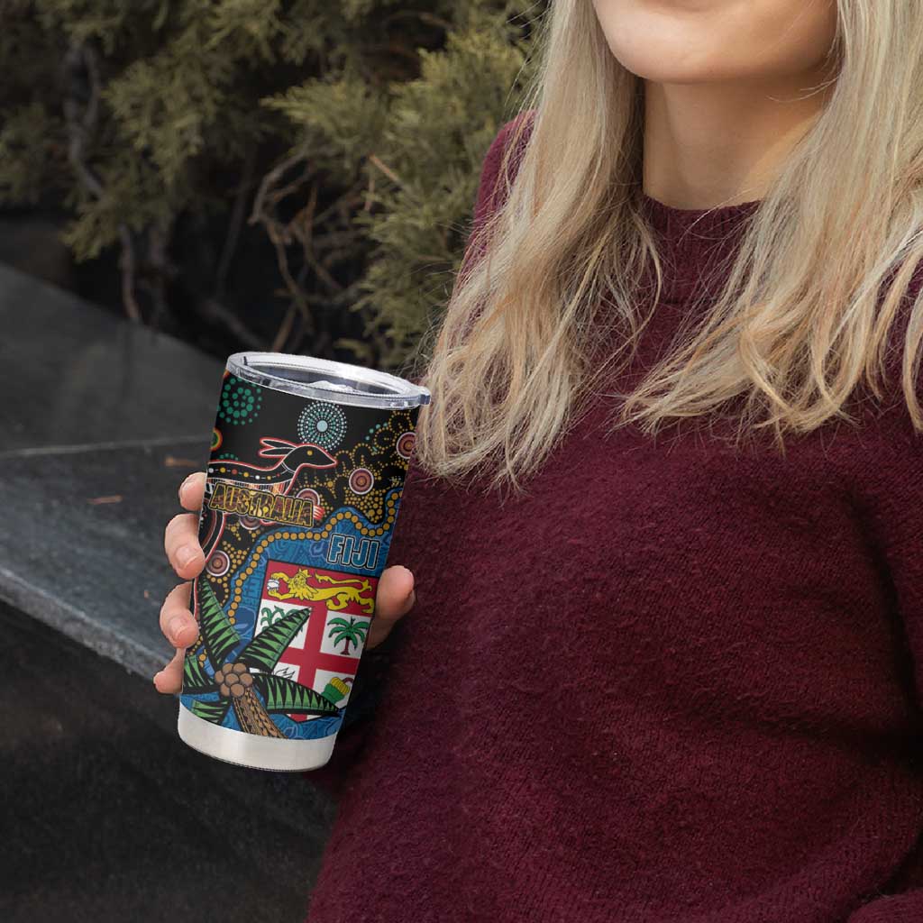 Fijian and Australian Culture Together Tumbler Cup Aboriginal Art and Tapa Motifs with Kangaroo and Palm Tree - Polynesian Pride