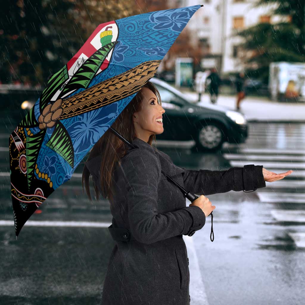 Fijian and Australian Culture Together Umbrella Aboriginal Art and Tapa Motifs with Kangaroo and Palm Tree - Polynesian Pride