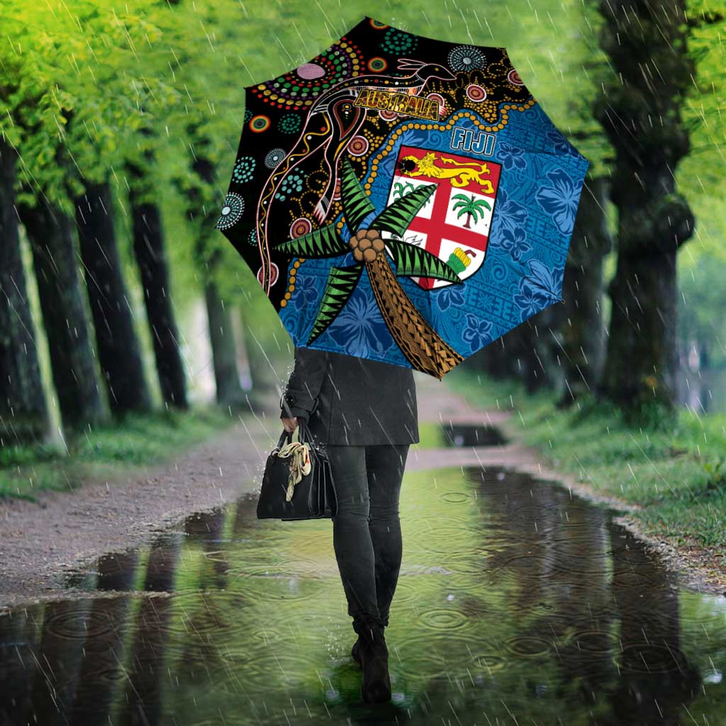 Fijian and Australian Culture Together Umbrella Aboriginal Art and Tapa Motifs with Kangaroo and Palm Tree - Polynesian Pride