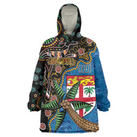 Fijian and Australian Culture Together Wearable Blanket Hoodie Aboriginal Art and Tapa Motifs with Kangaroo and Palm Tree LT03 One Size Black - Polynesian Pride