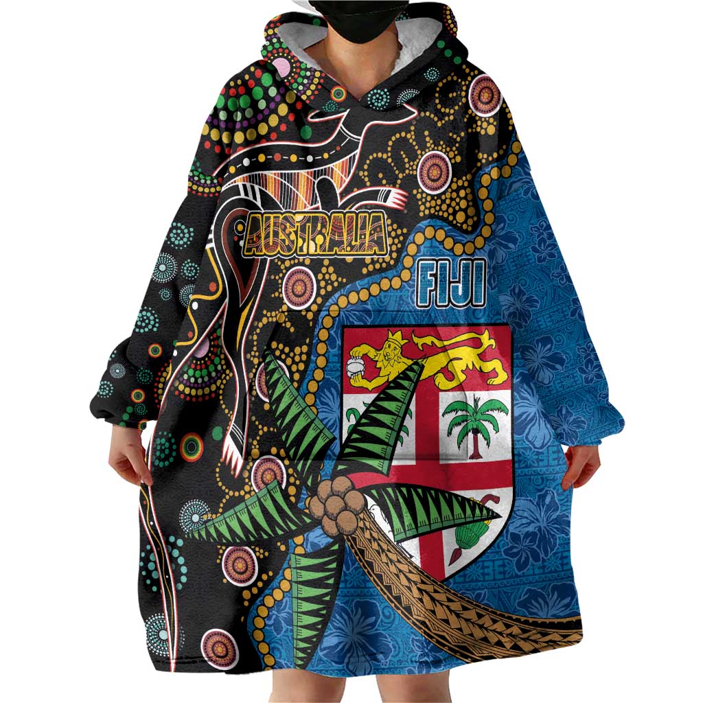 Fijian and Australian Culture Together Wearable Blanket Hoodie Aboriginal Art and Tapa Motifs with Kangaroo and Palm Tree LT03 - Polynesian Pride